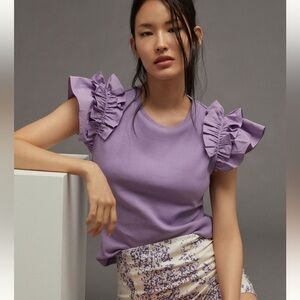 Anthropologie Purple Ruffle Sleeve Top